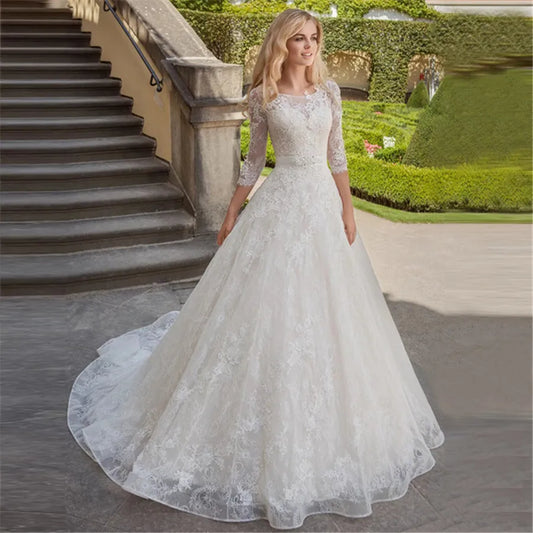 A-Line Luxury Wedding Gowns Lace Applique 3/4 Sleeve Wedding Party Bridal Dresses Vestidos Baratos Con Envio Gratis Robe De-payinti