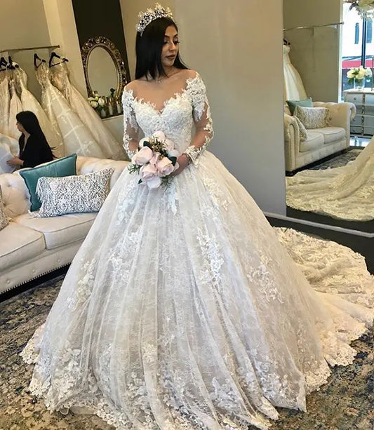 Amazing New Puffy Wedding Dresses Sheer Neck Long Sleeves Ball Gown Court Train Beaded Lace Bride Dress mariage-payinti