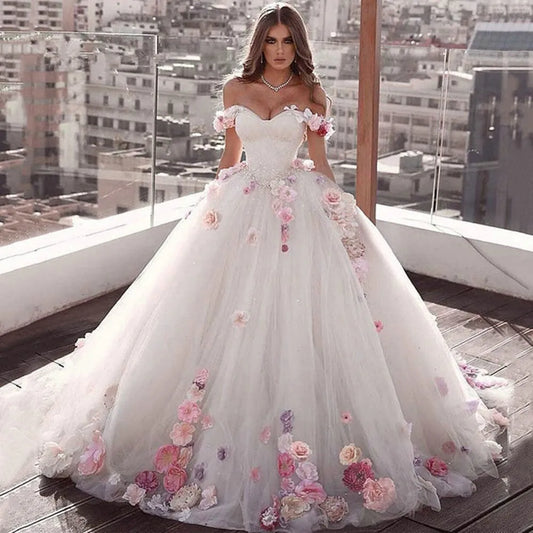 Ball Gown Wedding Dresses 2023 Sweetheart Off Shoulder 3D Flower Bridal Dress Sweep Train Plus Size robe de soirée de mariage-payinti