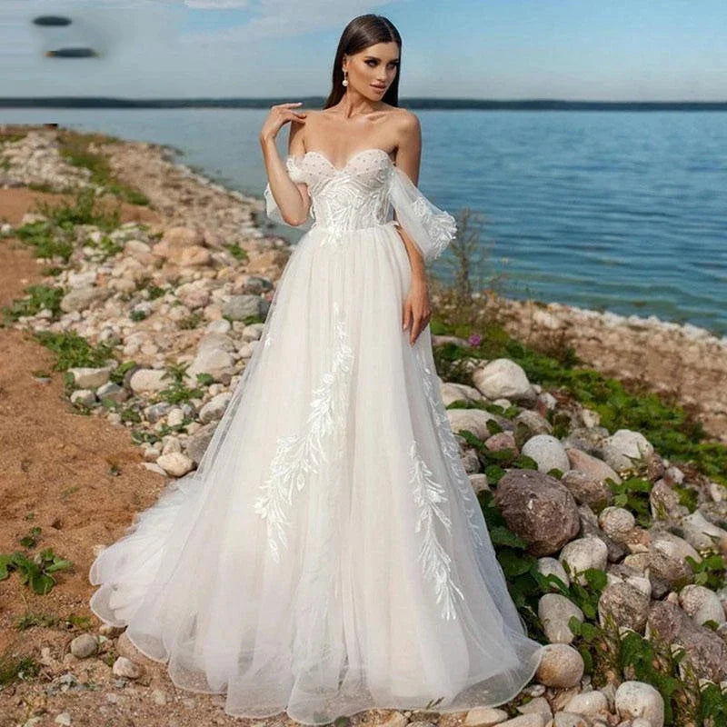 Beach Sweetheart Wedding Dresses For Women 2023 Bride Modern Lace A-LineAppliques Bridal Gown Off The Shoulder Robe De Mariée-payinti