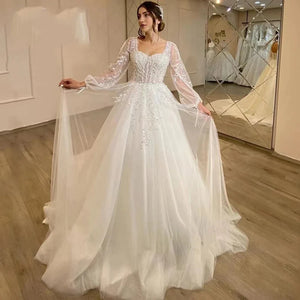 Beautiful Fluffy Long Sleeves Lace Appliques Square Neck Mopping Wedding Dresses White Fascinating Elegant Wedding Dresses Women-payinti