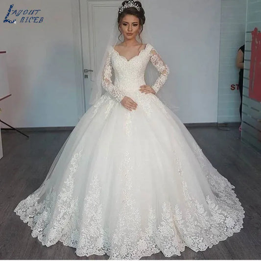 Ball Gown Long Sleeve Wedding Dress Women Elegant Lace Appliques Vestido De Noiva Sweep Train Vintage Bride Bridal-payinti