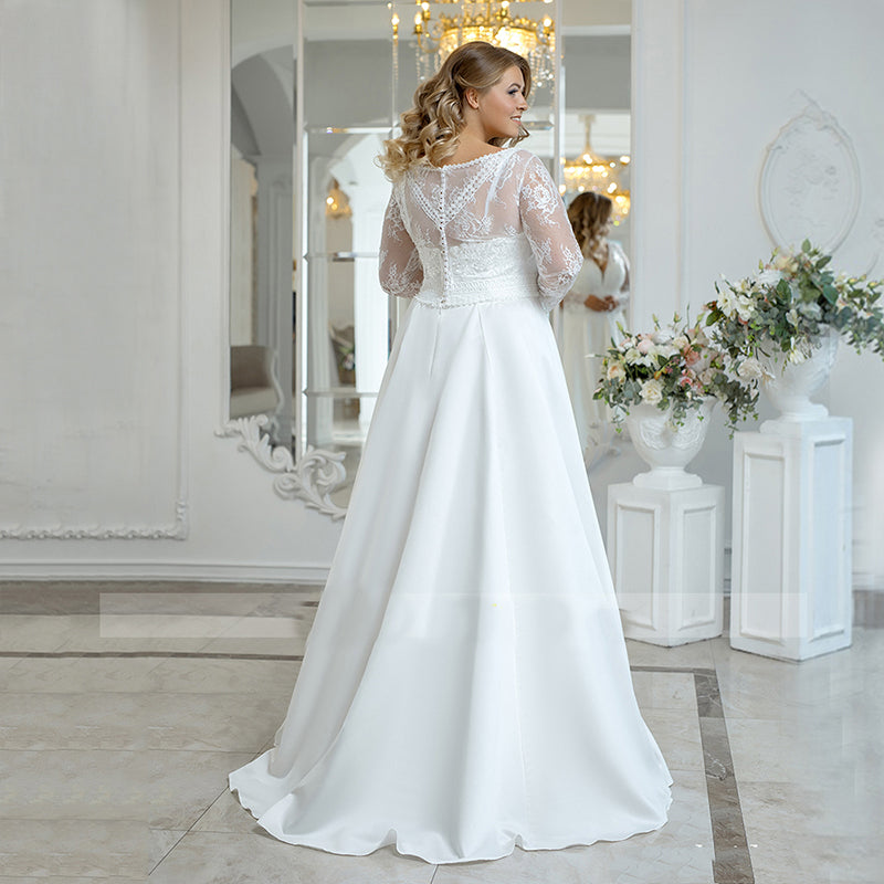 Beach Plus Size Wedding Dress Woman Satin Bohemian Lace Long Sleeve V Neck A Line Floor Length Bridal Gown White-payinti