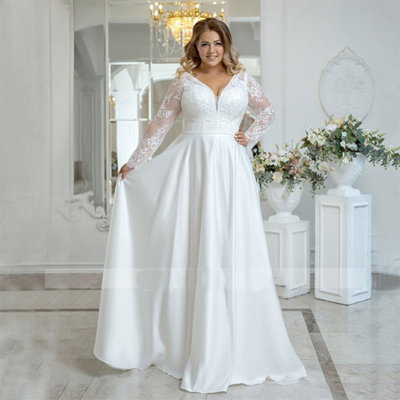 Beach Plus Size Wedding Dress Woman Satin Bohemian Lace Long Sleeve V Neck A Line Floor Length Bridal Gown White-payinti